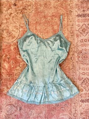 Y2K Light Blue Satin Top with Lace Trim